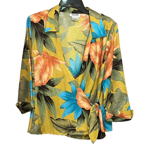 Selene  Women's Tropical Wrap Top - Yellow, Blue, Orange long sleeve S